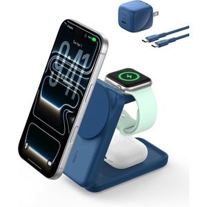 image:imageBelkin MagSafe Charger Compatible 3in1 Charging Station Qi22 25W Magnetic Wireless Charger Dock Foldable Charging Stand for iPhone 171615 Apple Watch AirPods Pixel 10 45W Adapter IncludedBlue