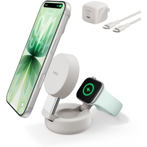 image:imageBelkin MagSafe Charger Compatible 3in1 Charging Station Qi22 25W wCooling Fan OnOff Control Magnetic Wireless Charger for iPhone 17 Apple Watch AirPods Pixel 10 45W Adapter IncludedSand