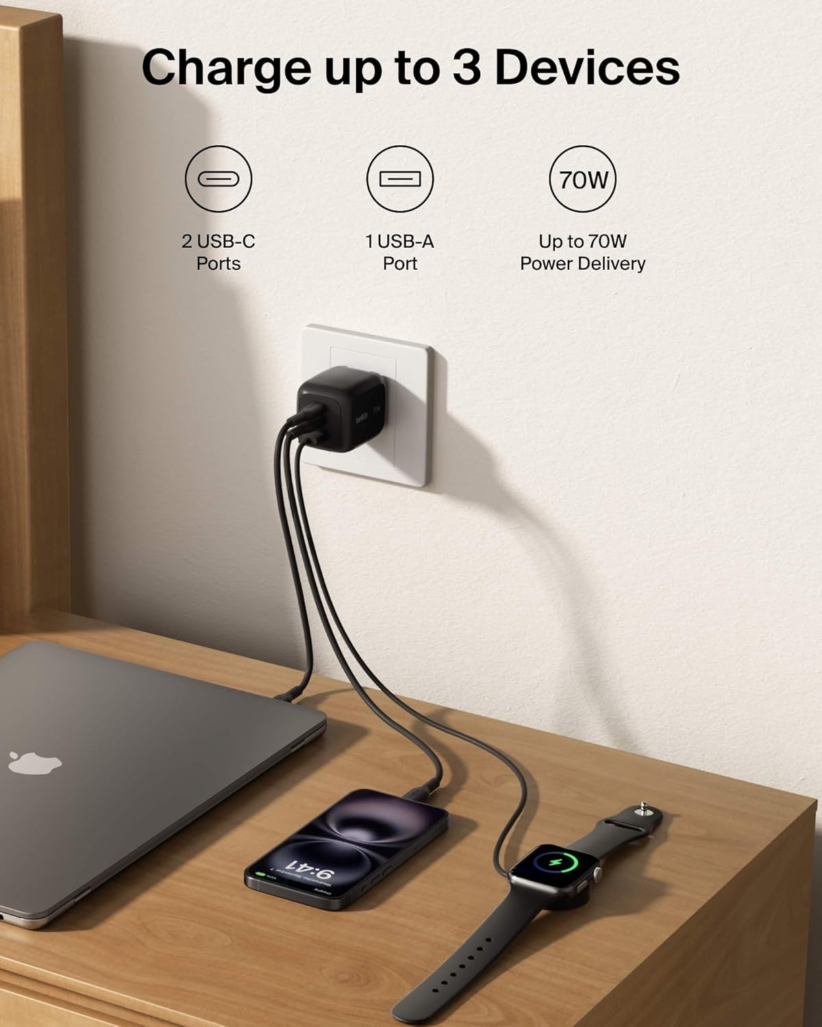 image:imageBelkin 3Port USB C Charger Block 70W MultiPort GaN Wall Charger w 2X USB C Ports amp 1x USB A Port Fast Charging for MacBook iPhone 17 iPad Pro Samsung Galaxy S26 Google Pixel 10 amp More