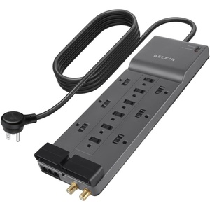 image:imageBelkin 12Outlet Surge Protector Power Strip w 12 AC Outlets amp 8ft Flat Plug ULListed HeavyDuty Extension Cord for Home Office Travel Computer Laptop Charger  3940 Joules of Protectionw Coaxial Phone Protection